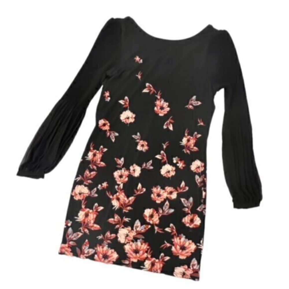 White House Black Market Black Pleat Long Sleeve‎ Floral Shift Dress Small NWT